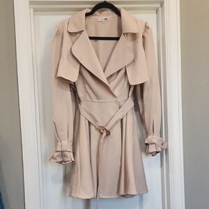 Fashion Nova Beige Lightweight Long Sleeve Belted Peacoat Or Mini Dress